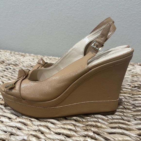 Tommy Hilfiger shoes women’s size 9.5 Brown peep toe slingback platform bow gold - Picture 7 of 13